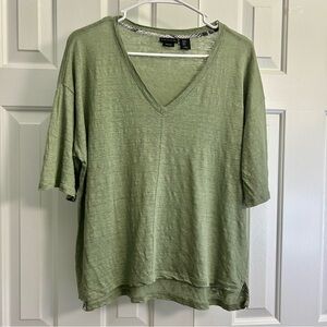 Tahari Olive Green 100% Linen S/Sleeve High Low Hem Snake Print Accents Sz M